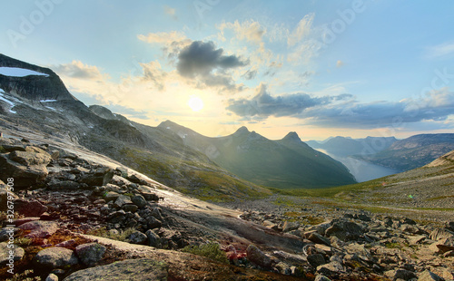 Panorama of valley at Norways national mountain Stetind