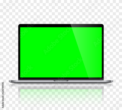 Realistic laptop computer monitor reflect with green screen and checkerboard background. Illustration vector illustrator Ai EPS