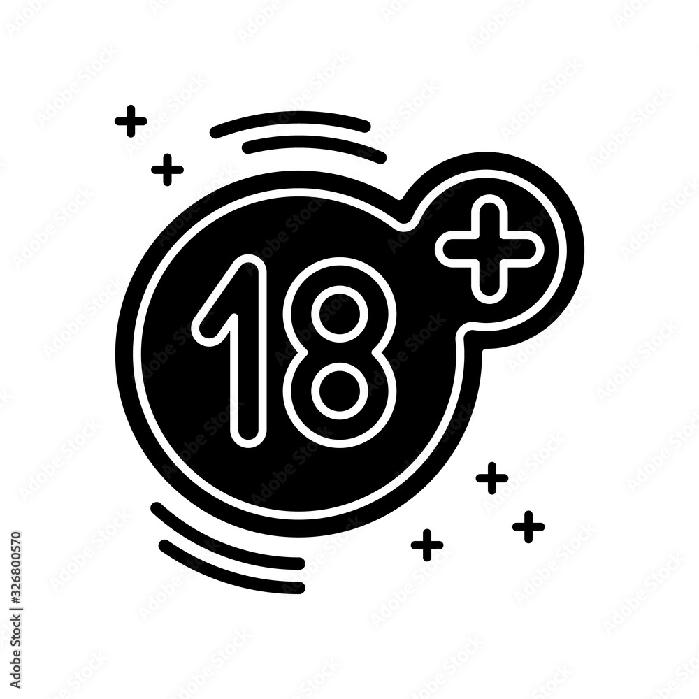 Eighteen plus black glyph icon. Adults only, 18 years old, age restriction silhouette symbol on white space. Mature content warning, prohibition sign with number. Vector isolated illustration Eighteen plus black glyph icon. Adults only, 18 years old, age restriction silhouette symbol on white space. Mature content warning, prohibition sign with number. Vector isolated illustration
