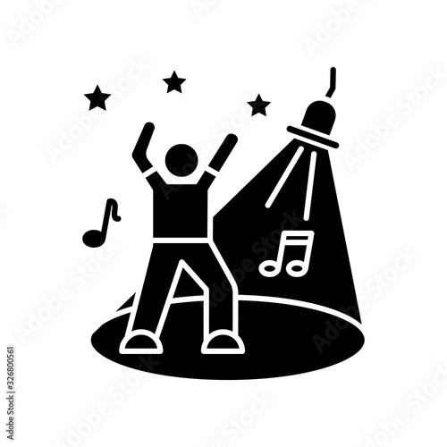 Discotheque black glyph icon. Night club recreation, active leisure, late night party silhouette symbol on white space. Young clubber on dance floor, dancing in spotlight vector isolated illustration