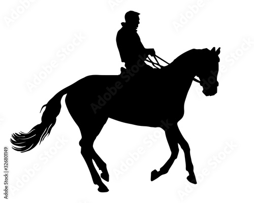 rider on a horse galloping at a reduced gallop, black isolated silhouette on a white background