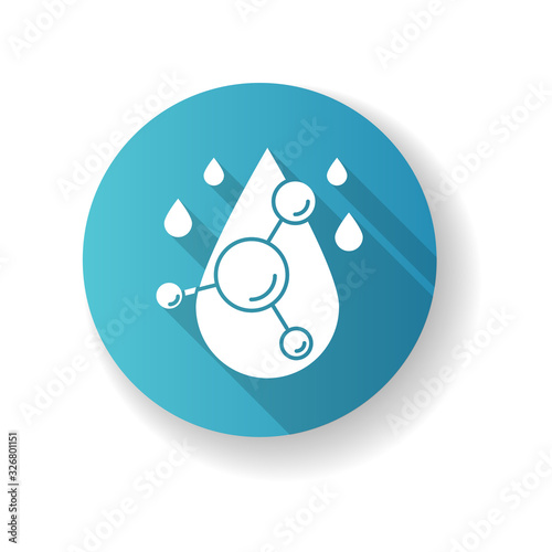 Hyaluronic acid blue flat design long shadow glyph icon. Hydrating chemical formula. Collagen to prevent wrinkles. Anti-aging effect. Water drop. Cosmetic ingredient. Silhouette RGB color illustration