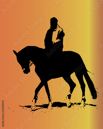 man rides a trot on a horse, isolated black silhouette on a yellow-orange background