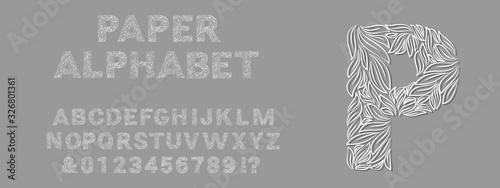 Ornamental paper leaves alphabet isolated on gray background and example of using. Vector illustration