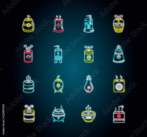 Air purifiers, humidifiers, ionizers neon light icons set. Climate control devices, household appliances, humidity regulators. Signs with outer glowing effect. Vector isolated RGB color illustrations