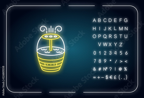 Air cleaning household appliance neon light icon. Home humidifier, water vaporization system. Outer glowing effect. Sign with alphabet, numbers and symbols. Vector isolated RGB color illustration