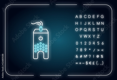 Ultrasonic humidifier neon light icon. Home ionizer, silent mode device, water evaporator. Outer glowing effect. Sign with alphabet, numbers and symbols. Vector isolated RGB color illustration