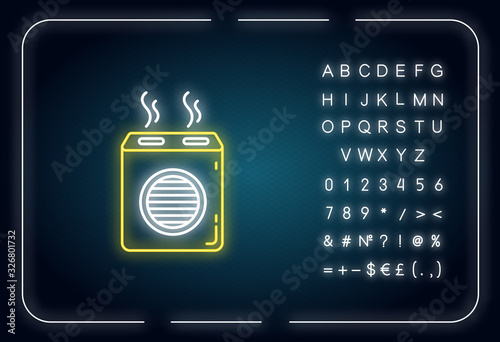 Modern air filter neon light icon. Humidifying household appliance, water evaporator. Outer glowing effect. Sign with alphabet, numbers and symbols. Vector isolated RGB color illustration