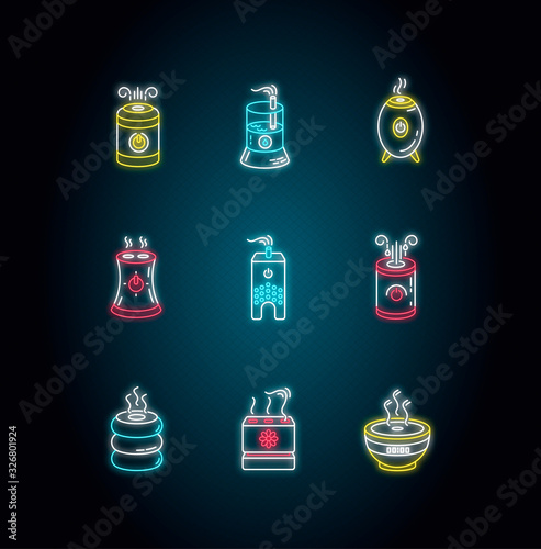 Air ionizers variety neon light icons set. Ultrasonic and steam air humidifiers, room climate control devices. Signs with outer glowing effect. Vector isolated RGB color illustrations