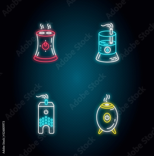 Water evaporators neon light icons set. Air humidifiers, climate control household appliances, humidity level regulators. Signs with outer glowing effect. Vector isolated RGB color illustrations