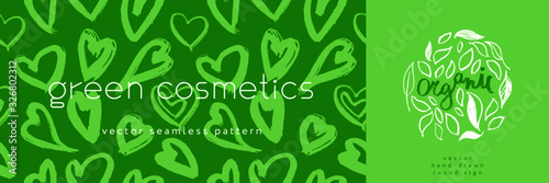 Green cosmetic pattern, eco cosmetics concept for bio cosmetics banner. Vector icons of heart. Eco friendly seamless background. Natural pattern and logo for beauty care products. Label tag template.