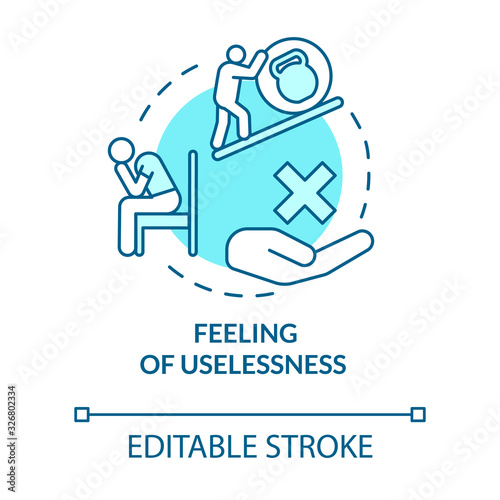 Feeling of uselessness turquoise concept icon. Stressed employee. Sadness and exhaustion. Burnout symptom idea thin line illustration. Vector isolated outline RGB color drawing. Editable stroke