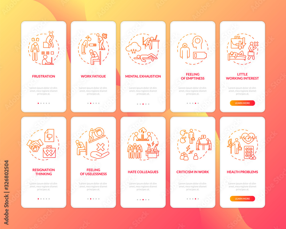 Burnout onboarding mobile app page screen with concepts. Exhausted worker. Mental health trouble. Employment walkthrough 5 steps graphic instructions. UI vector template with RGB color illustrations