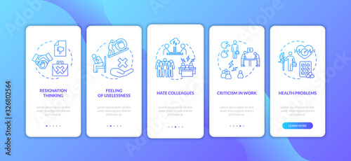 Burnout onboarding mobile app page screen with concepts. Negative feedback. Office problems walkthrough 5 steps graphic instructions. UI vector template with RGB color illustrations