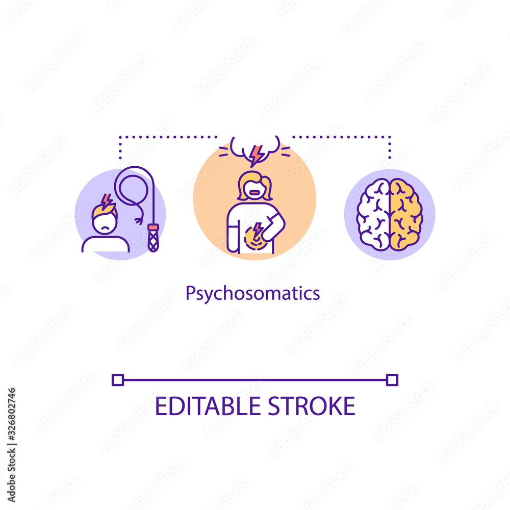 Fototapeta premium Psychosomatics concept icon. Mind and body relationship idea thin line illustration. Emotional stress. Vector isolated outline RGB color drawing. Editable stroke