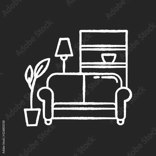 Apartment interior chalk white icon on black background. Living room furniture. Cosy home. Couch, sofa. Place for rest and relaxation. Common dormitory space. Isolated vector chalkboard illustration