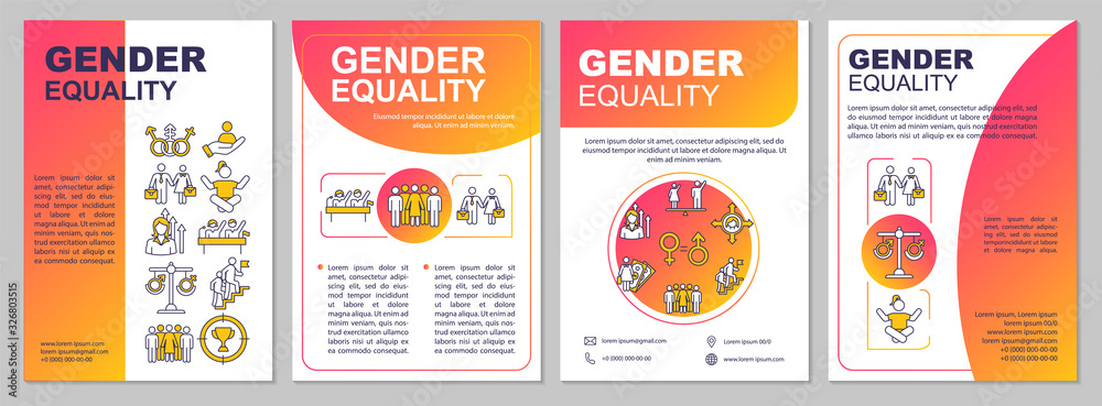 Fototapeta Gender equality brochure template. Right for education and workplace. Flyer, booklet, leaflet print, cover design with linear icons. Vector layouts for magazines, annual reports, advertising posters