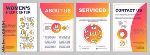 Women help center brochure template. Domestic violence victims support. Flyer, booklet, leaflet print, cover design with linear icons. Vector layouts for magazines, annual reports, advertising posters