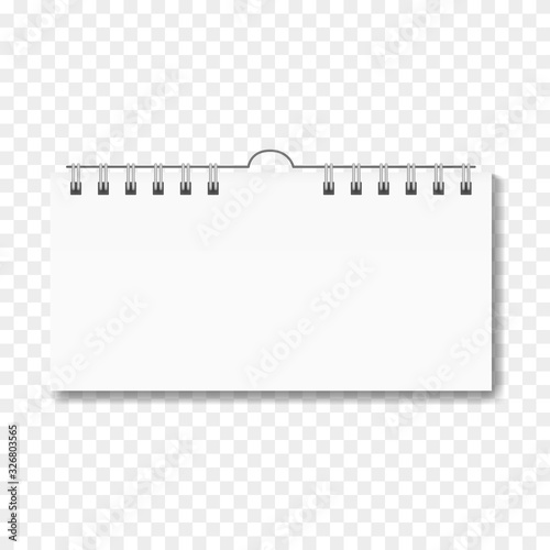 Realistic blank vector horizontal rectangular calendar on spiral binder, notepad mockup on transparent background. Clear wall or table book of month front view page with shadow, almanac, organizer