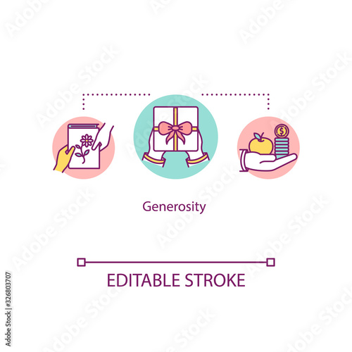 Generosity concept icon. Giving presents. Donation, social help and people support. Being selfless idea thin line illustration. Vector isolated outline RGB color drawing. Editable stroke