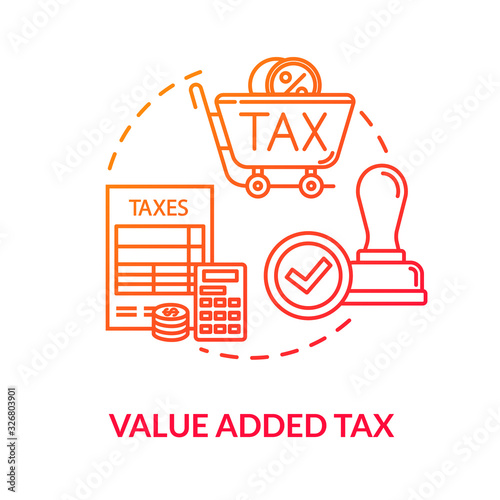 Value added tax red concept icon. Official document. Consumption cost. Economy, finance. Regressive tax. Notary service idea thin line illustration. Vector isolated outline RGB color drawing