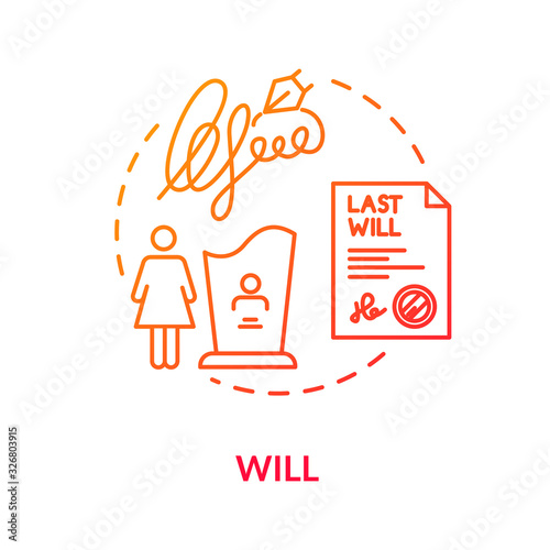 Will red concept icon. Death wish. Testament of deceased person. Legacy for widow. Beneficiary, trustee. Notary service idea thin line illustration. Vector isolated outline RGB color drawing