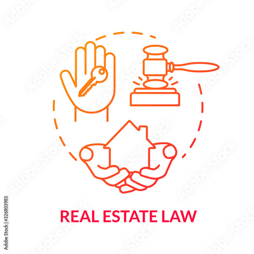 Real estate law red concept icon. Mortgage regulation. Selling house. Property ownership. Resident building. Notary service idea thin line illustration. Vector isolated outline RGB color drawing