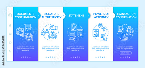 Documentation matters onboarding vector template. Notarial support. Notarization and apostille. Responsive mobile website with icons. Webpage walkthrough step screens. RGB color concept