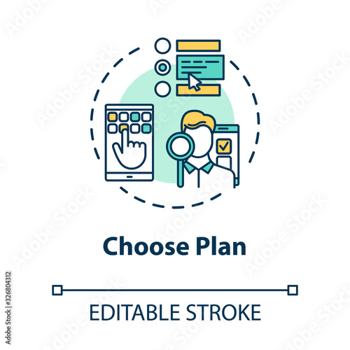 Choose plan concept icon. Select subscription option. Decide on internet tariff. Look at service list. Roaming idea thin line illustration. Vector isolated outline RGB color drawing. Editable stroke