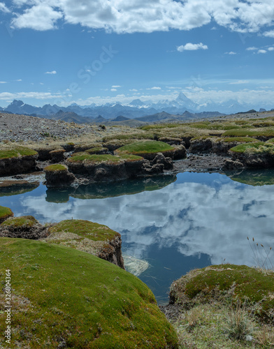 Pond and moss at National Park Huascaran Peru South America Andes. Mataraju Jungay. Cordillera Blanca