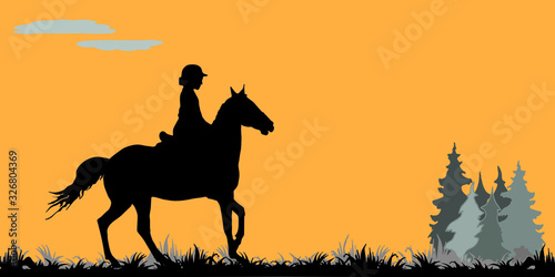  girl rides horse in field, on grass, isolated image, black isolated silhouette on orange background, forest, clouds.