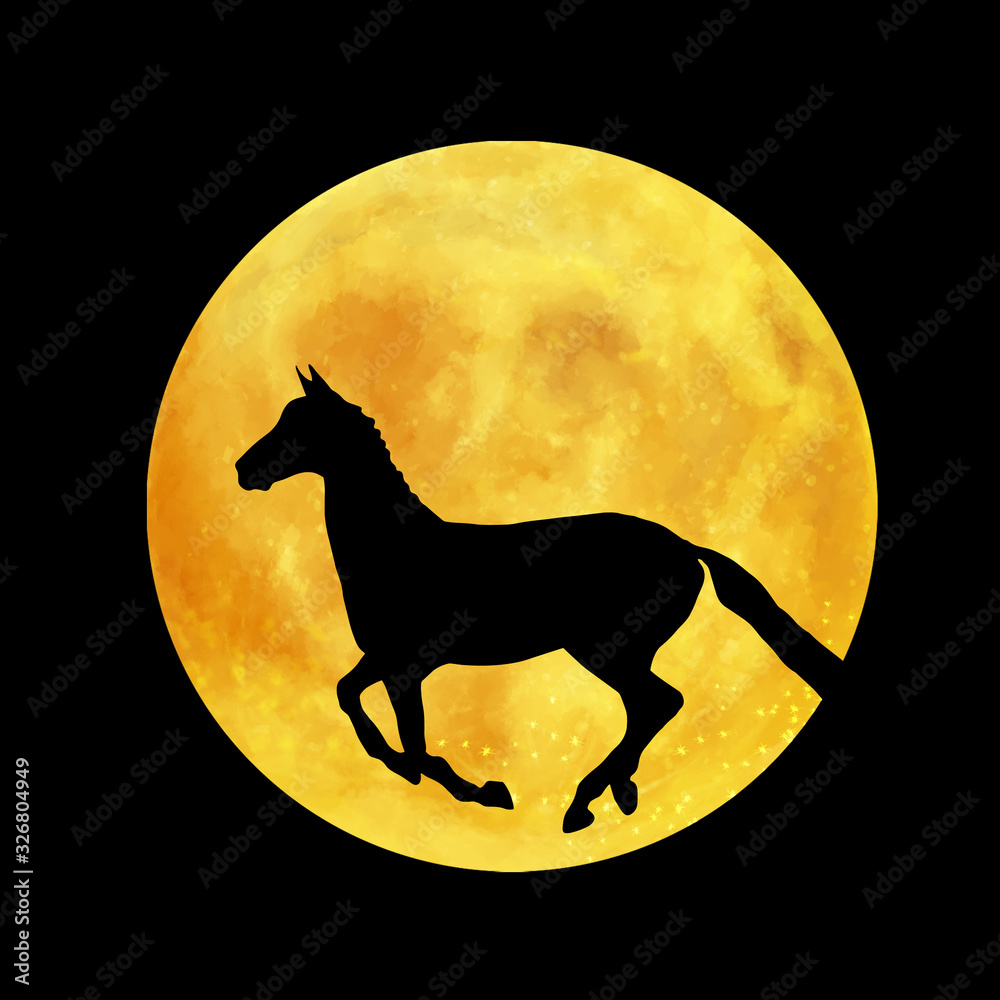 Racing horse silhouette on full moon background. Good night fantasy ...