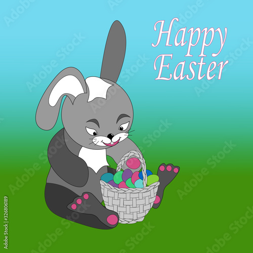 Cute easter bunny with basket full of easter eggs. Happy easter greeting card.