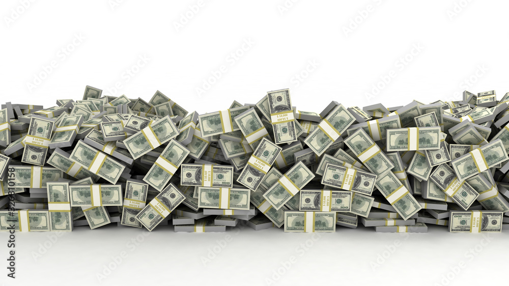 Tall pile of us currency - US dollars isolated stacked on white background. 3d render