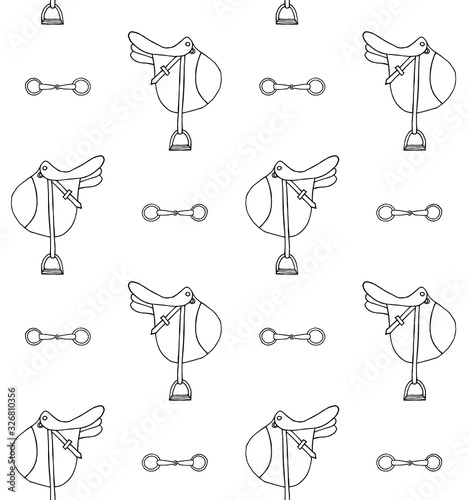 Vector seamless pattern of hand drawn doodle sketch horse riding equestrian saddle and bit isolated on white background