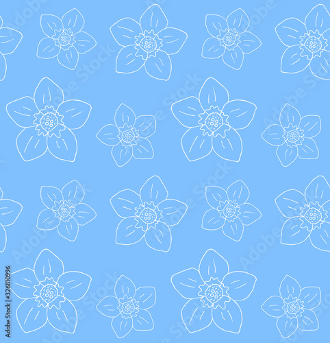 Vector seamless pattern of white hand drawn doodle forget me not flower isolated on blue background
