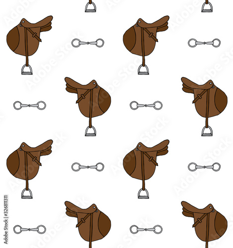 Vector seamless pattern of hand drawn doodle sketch colored horse riding equestrian saddle and bit isolated on white background