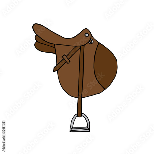 Vector hand drawn doodle sketch brown horse riding equestrian saddle isolated on white background