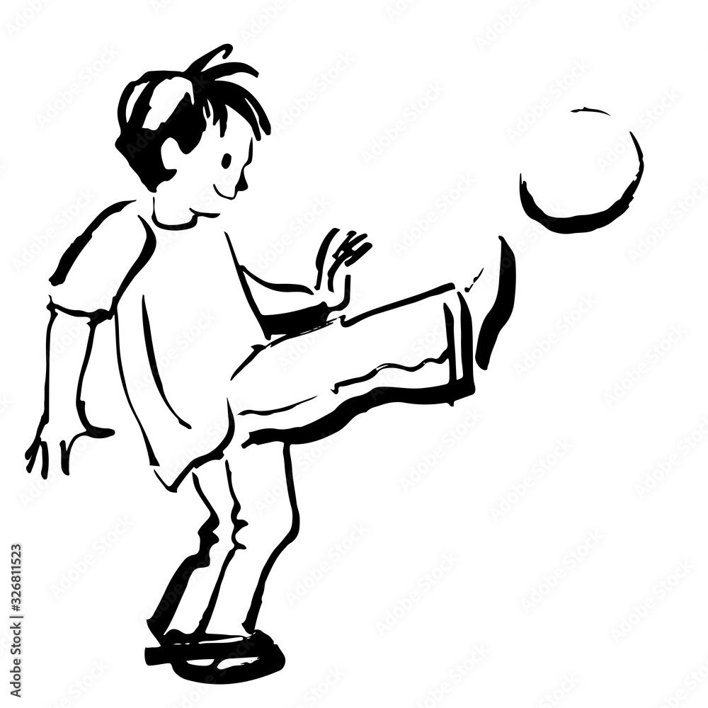 Black outline hand drawn boy playing ball Black outline hand drawn boy playing ball
