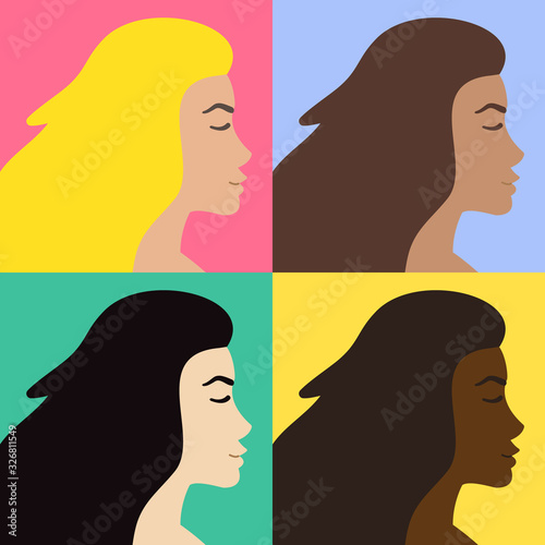 Vector set bundle of flat cartoon different nationalities woman profile head faces isolated on colorful background