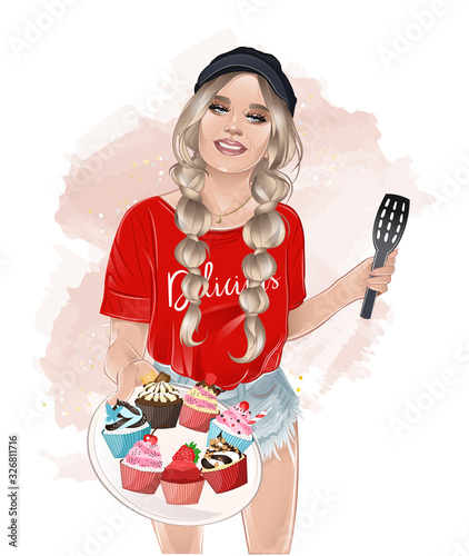 pastry girl caring the plate with delicious cupcakes