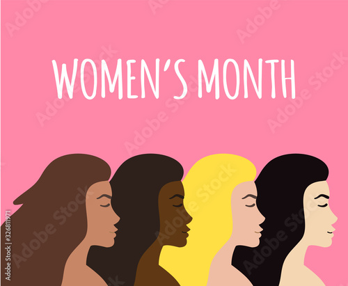 Vector flat cartoon four different nationalities women head profiles isolated on pink background. Woman power illustration with women’s month text