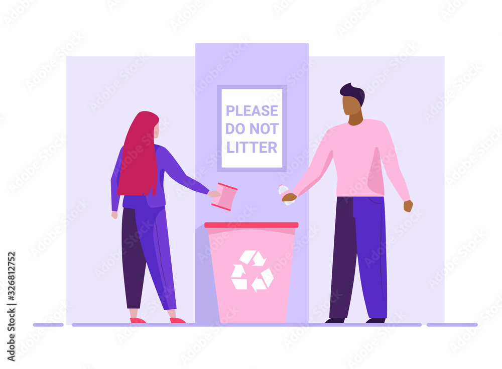 Man and woman throwing litter in recycling bin. Mindful couple tossing garbage flat vector illustration. Ecology, recycling, environment concept for banner, website design or landing web page