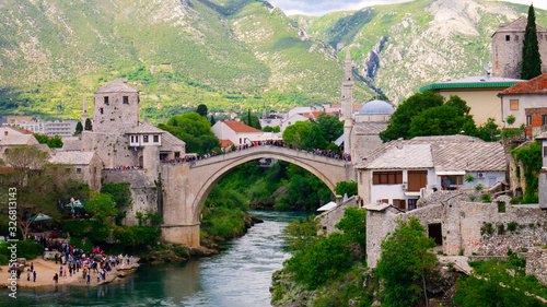 The Old Bridge and city of Mostar, Bosnia and Herzegovina, April 2019.