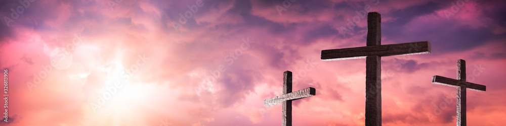 Three Wooden Crosses With Sunrise And Clouds Background - Death And Resurrection Of Jesus Christ