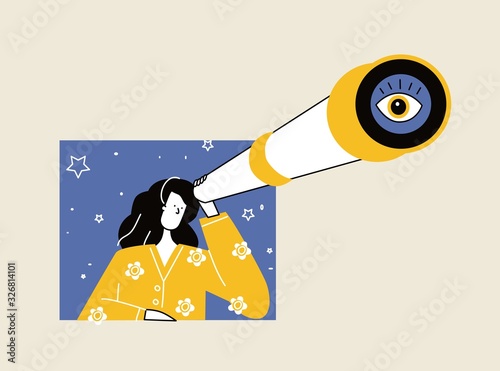 Vector cartoon illustration of woman hold giant big binocular on white background. Flat character