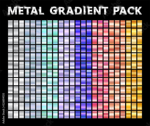 Realistic metal chrome gradient big texture pack. Shiny metal foil gradient set. Vector illustration