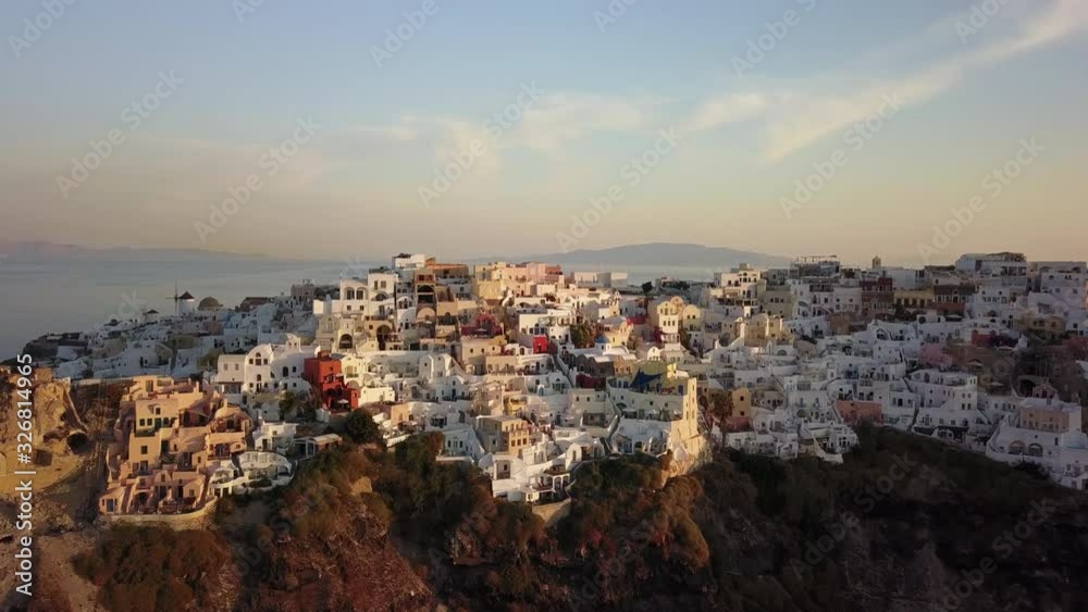 Aerial Drone Shot of Oia Santorini Greece during Sunrise Aerial Drone Shot of Oia Santorini Greece during Sunrise