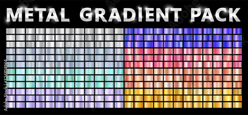 Realistic metal chrome gradient big texture pack. Shiny metal foil gradient set. Vector illustration