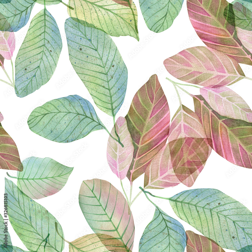 Seamless watercolor pattern of fruit leaves on a white background. Watercolor simple drawing.
